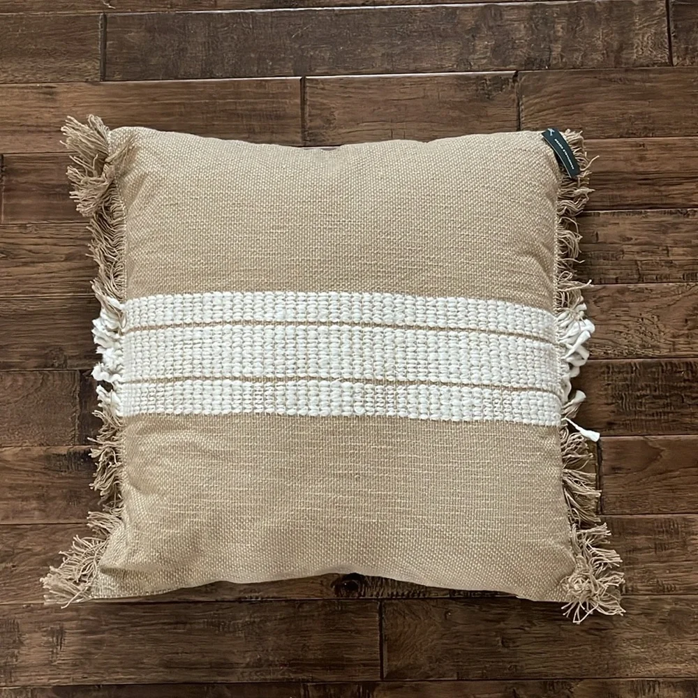 Studio McGee Threshold Woven Striped Throw Pillow Neutral Cream Fringed